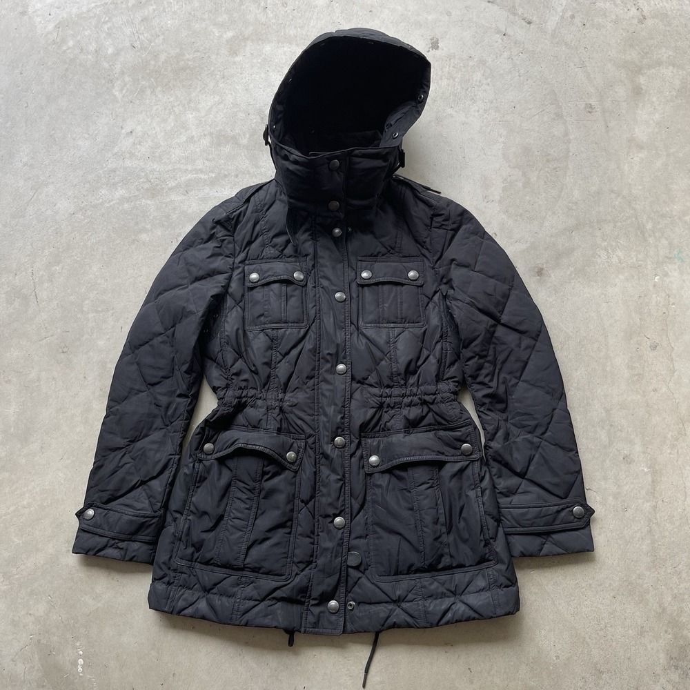 Burberry Brit Goose Down Black Jacket women Size M Removable Hood Nova Check